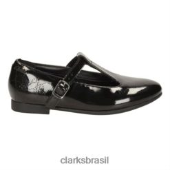 Clarks crianças Clarks patente preto selsey fudge jnr g fit RJZRN4648 patente preta