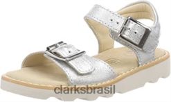 Clarks crianças sandálias femininas coroa flor t tipo estilingue clarks couro prateado RJZRN1181 couro prateado