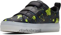 Clarks crianças tênis clarks boy's flare cosmo k preto combi RJZRN458 combinação preta