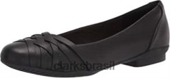 Clarks mulheres Calça Clarks Feminina de Couro Preto Sara Clover Ballet Flat RJZRN1656 couro preto