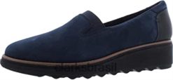 Clarks mulheres camurça azul marinho com debrum bronzeado escuro feminino sharon dolly loafer clarks RJZRN68 camurça azul marinho com debrum castanho escuro