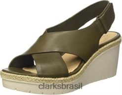 Clarks mulheres Clarks couro cáqui verde feminino palm g sandálias com tira baixa no tornozelo RJZRN2563 couro cáqui verde