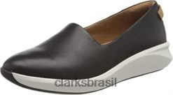 Clarks mulheres couro preto couro preto feminino un rio step slip on tênis clarks RJZRN412 couro preto couro preto
