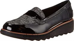 Clarks mulheres mocassim feminino sharon gracie preto patente combi clarks RJZRN2390 combinação de patente preta