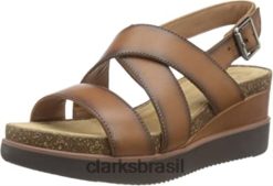 Clarks mulheres sandália clarks lizby cross wedge feminina RJZRN2685 lea bronzeado escuro