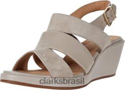 Clarks mulheres sandália feminina un plaza go wedge clarks stone camurça couro combi RJZRN1815 combinação de couro camurça de pedra