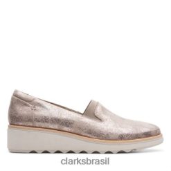 Clarks mulheres sharon dolly clarks estanho metálico têxtil RJZRN3879 estanho metálico têxtil